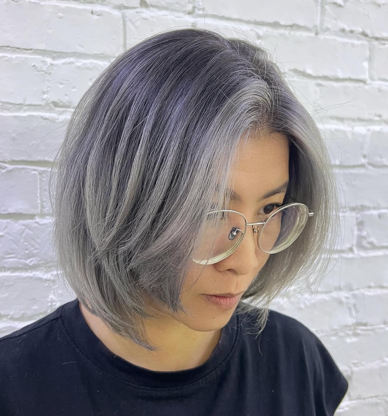 Chin Length Ash Gray Bob With Blunt Bangs, Straight Chin Length Ash Gray Bob With Blunt Bangs, Straight