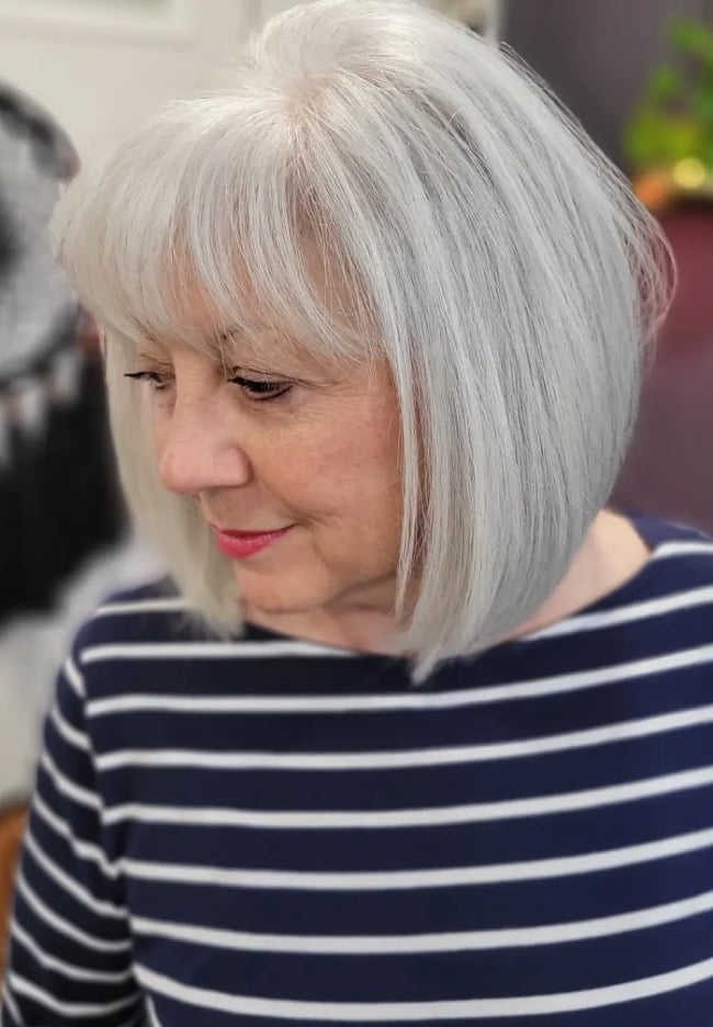 Silver Gray Bob With Wispy Bangs Silver Gray Bob With Wispy Bangs