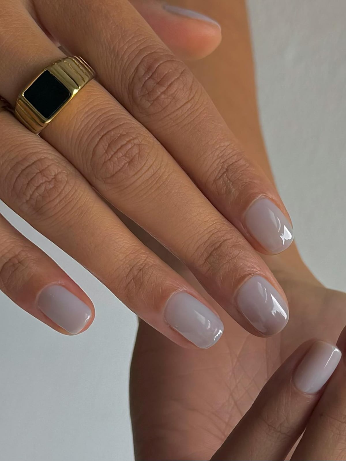 Sheer Milky Light Gray Short Almond Nails — Gray Nails