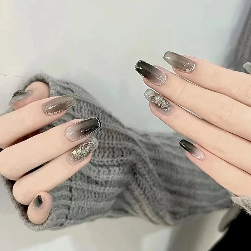 Gray Black Glitter Jelly Gradient Long Coffin Nails — Gray Nails