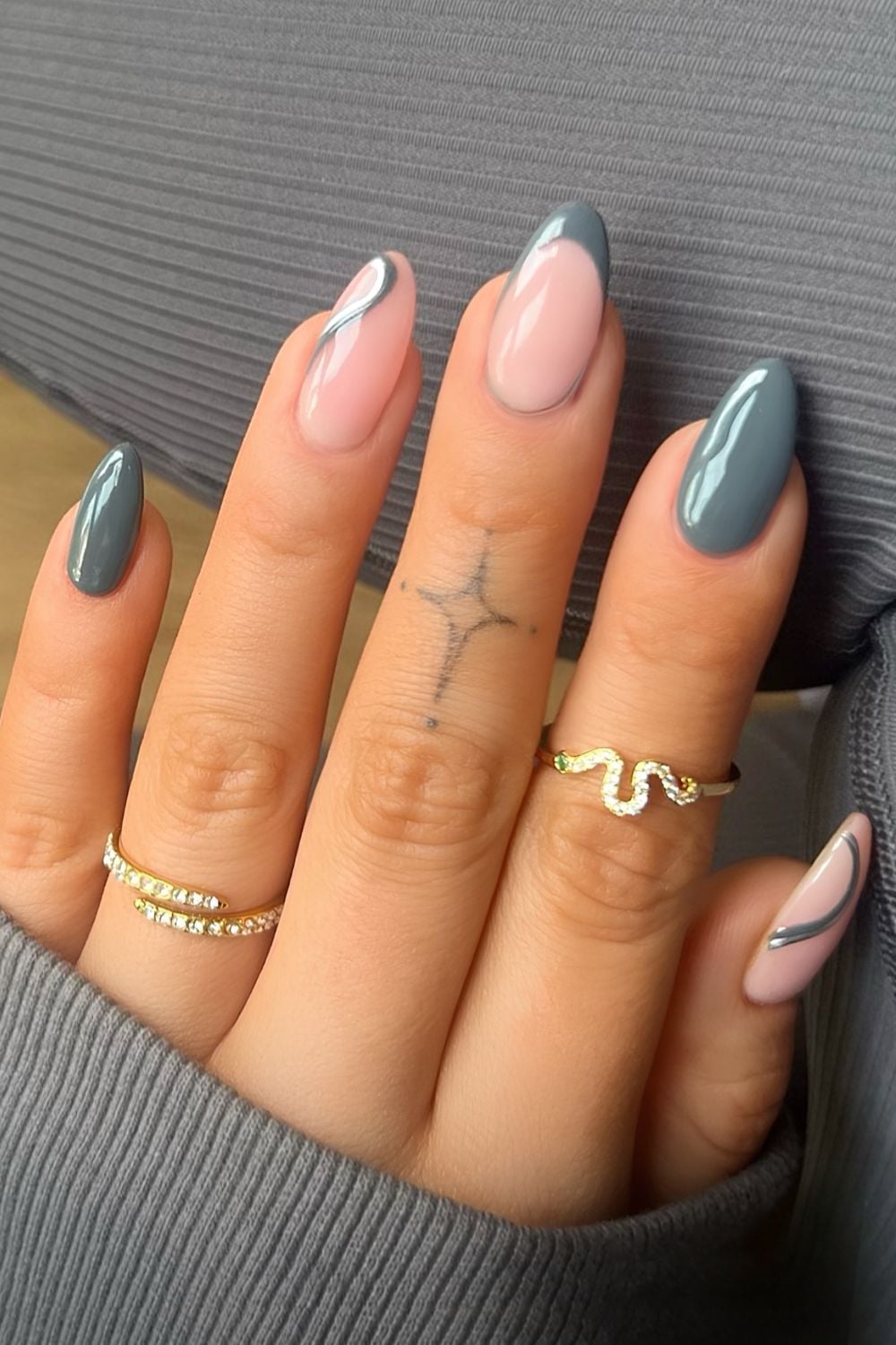 Sheer Nude Gray French Tip Medium Almond Nails — Gray Nails