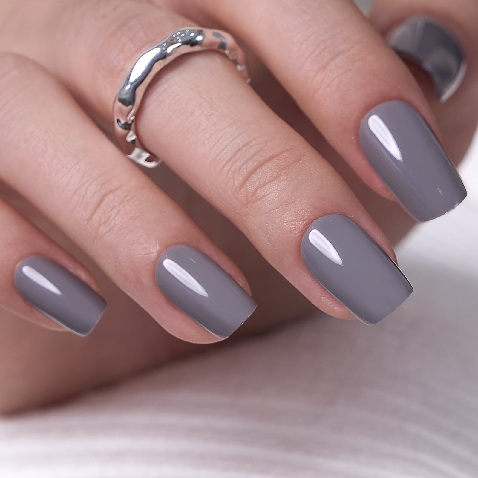 Solid Medium Gray Glossy Medium Squoval Nails — Gray Nails
