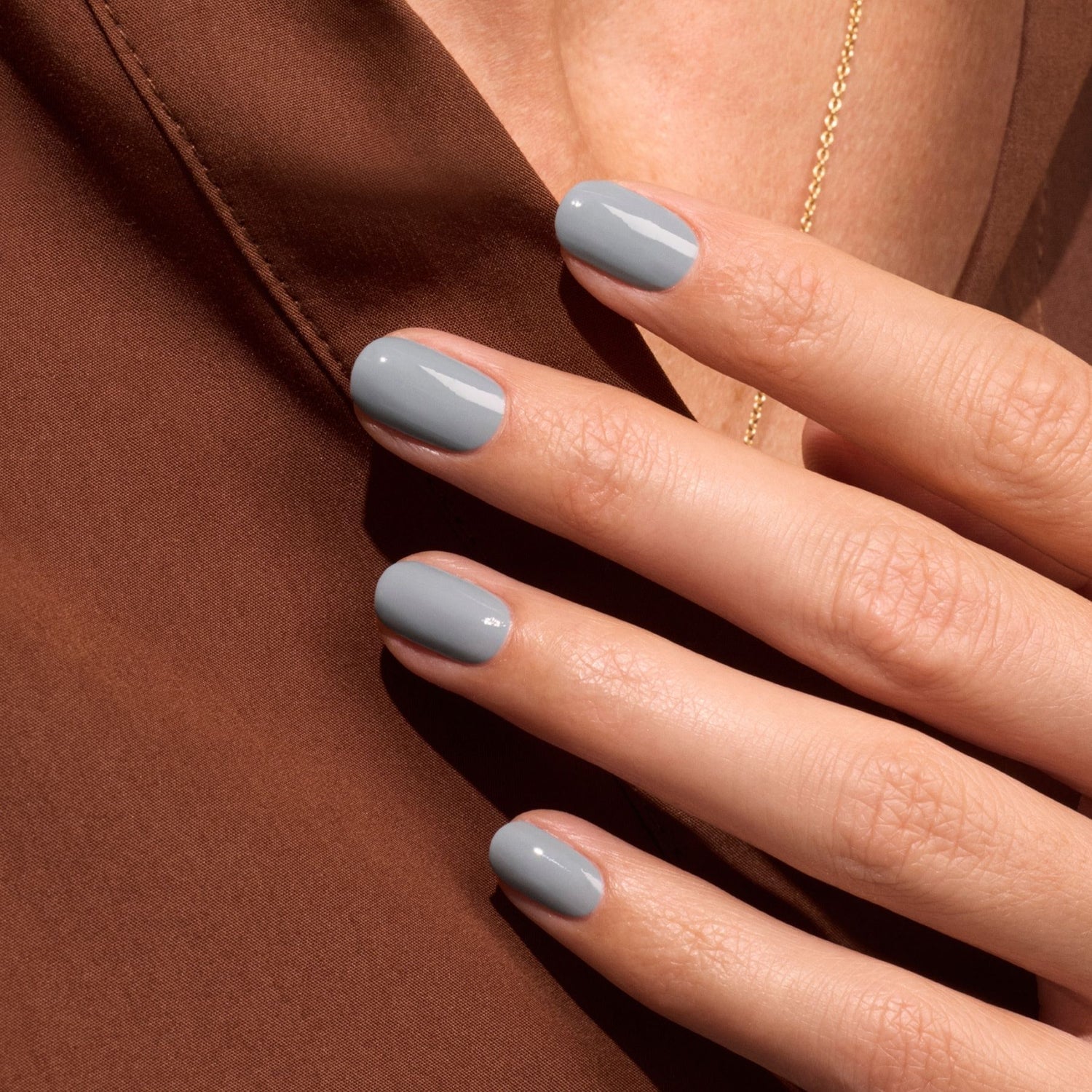Light Gray Glossy with Single Clear Gem Short Oval Nails — Gray Nails