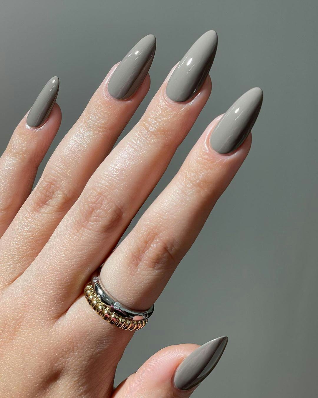 Solid Medium Gray Glossy Long Almond Nails, Close-Up Take — Gray Nails
