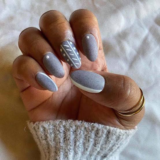 Light Gray Matte with White French Tips Geometric Pattern Short Almond — Gray Nails