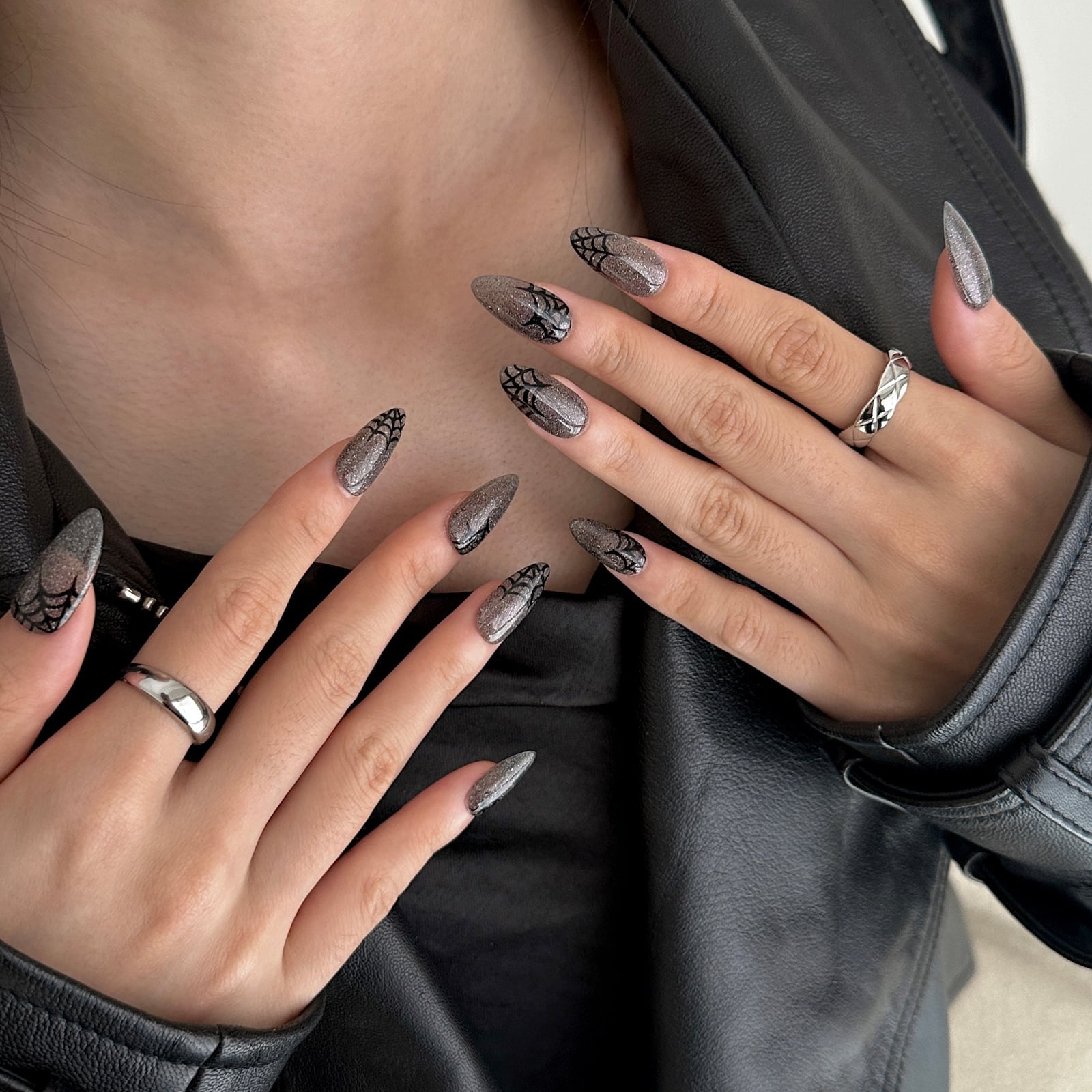 Shimmering Charcoal Gray Glossy Black Spiderweb Long Stiletto Nails — Gray Nails