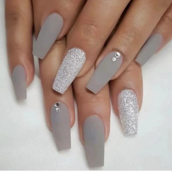 Matte Gray Glitter Rhinestone Long Coffin Nails — Gray Nails