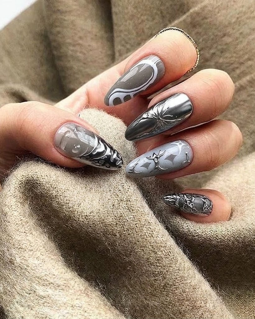 Dark Gray Abstract Chrome Swirls Long Almond Nails — Gray Nails