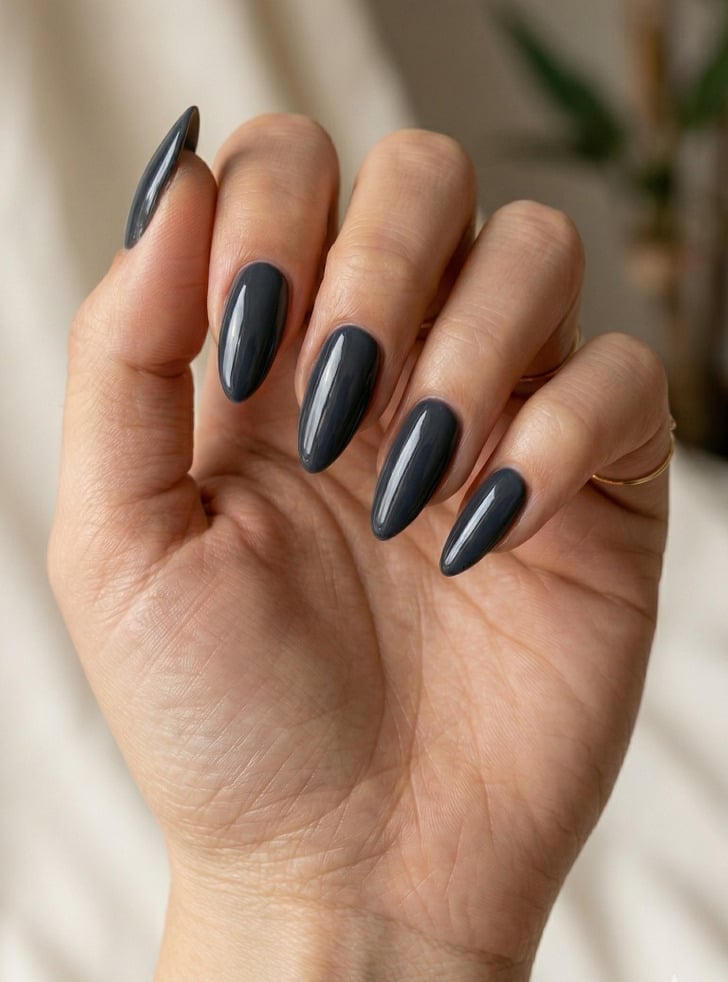 Deep Charcoal Gray Glossy Medium Almond Nails — Gray Nails