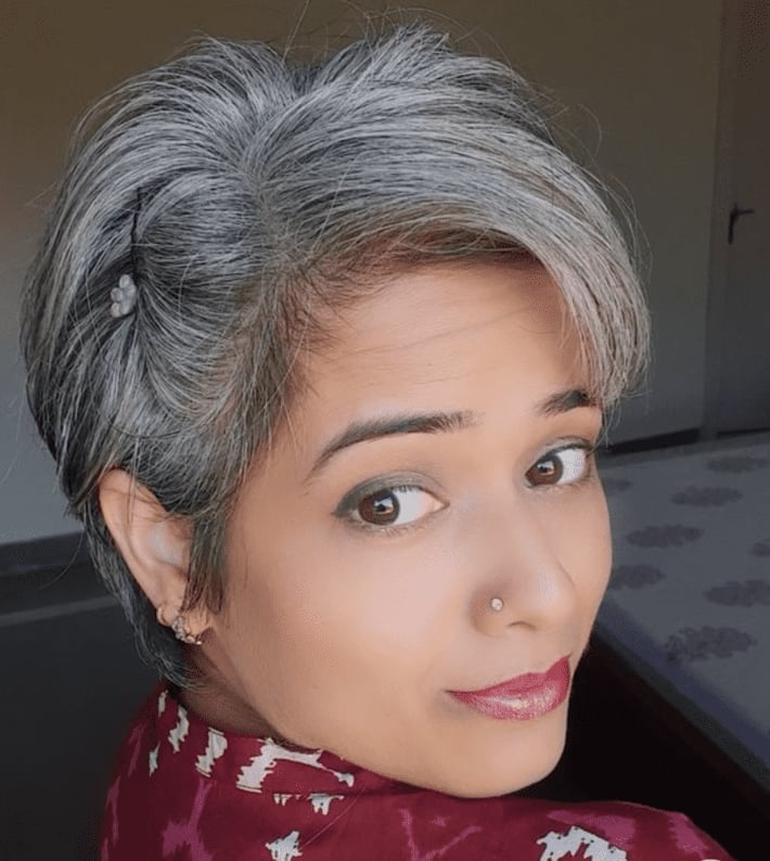 Gray Pixie With Textured Side Bangs Gray Pixie With Textured Side Bangs