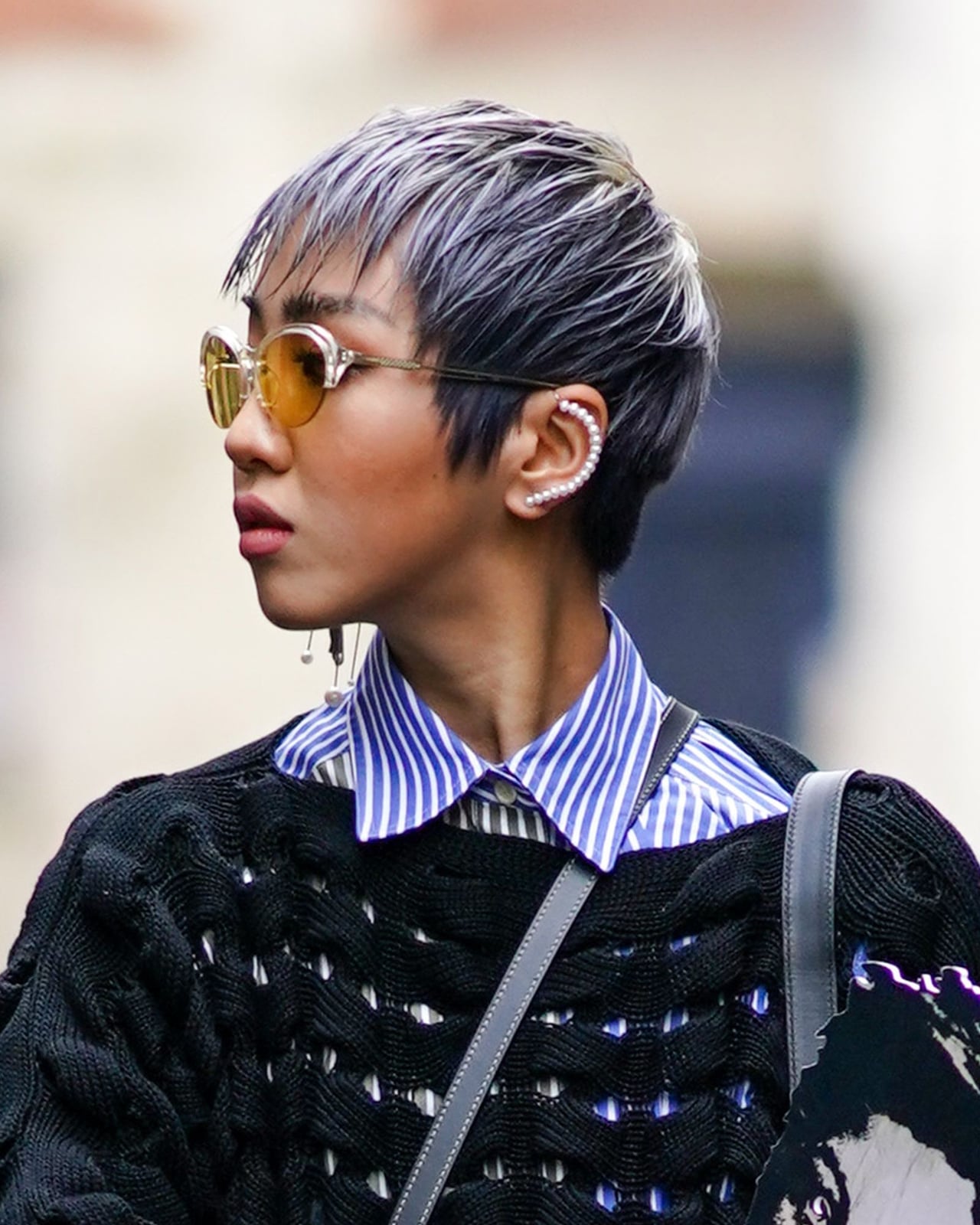 Choppy Gray Pixie With Dark Roots, Short Wispy Choppy Gray Pixie With Dark Roots, Short Wispy