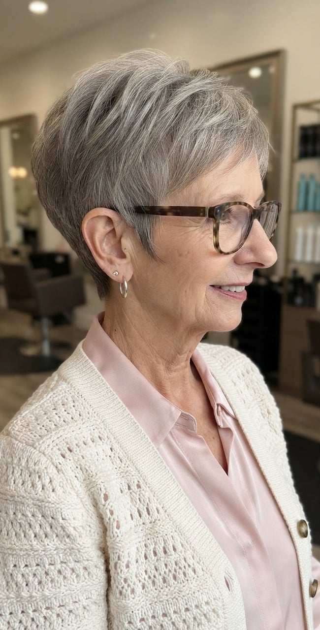 Thick Wavy Gray Pixie With Textured Top Thick Wavy Gray Pixie With Textured Top