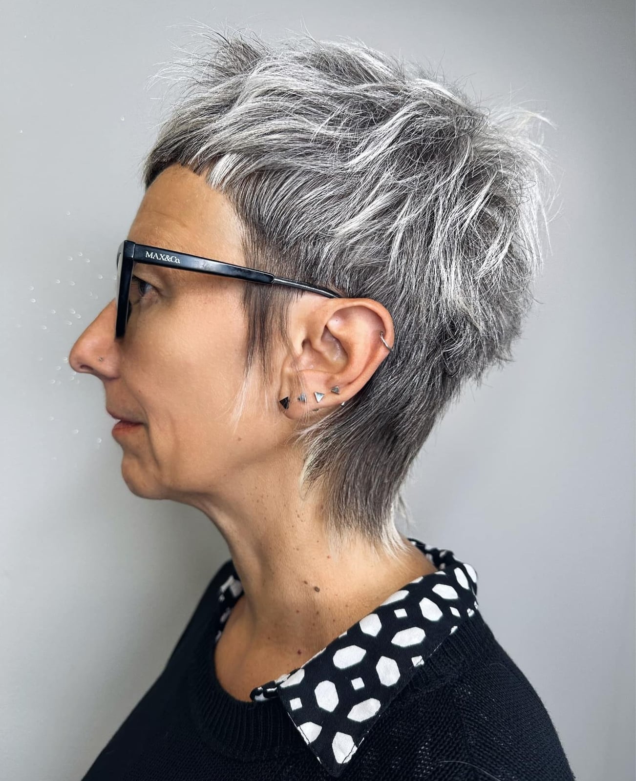 Spiky Ash Gray Pixie With Silver Highlights, Ear Spiky Ash Gray Pixie With Silver Highlights, Ear