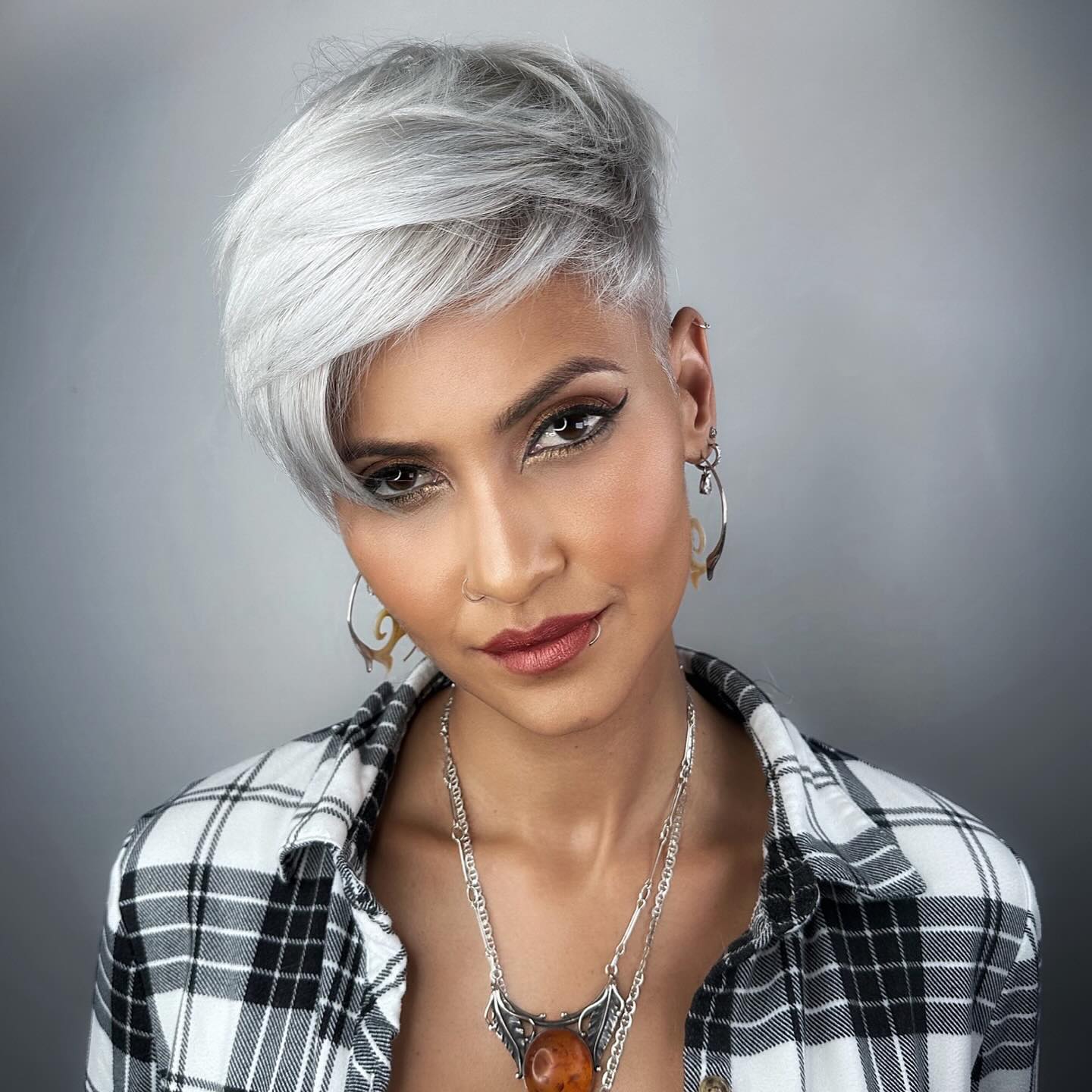 Silver Gray Pixie With Long Side Swept Bangs Silver Gray Pixie With Long Side Swept Bangs