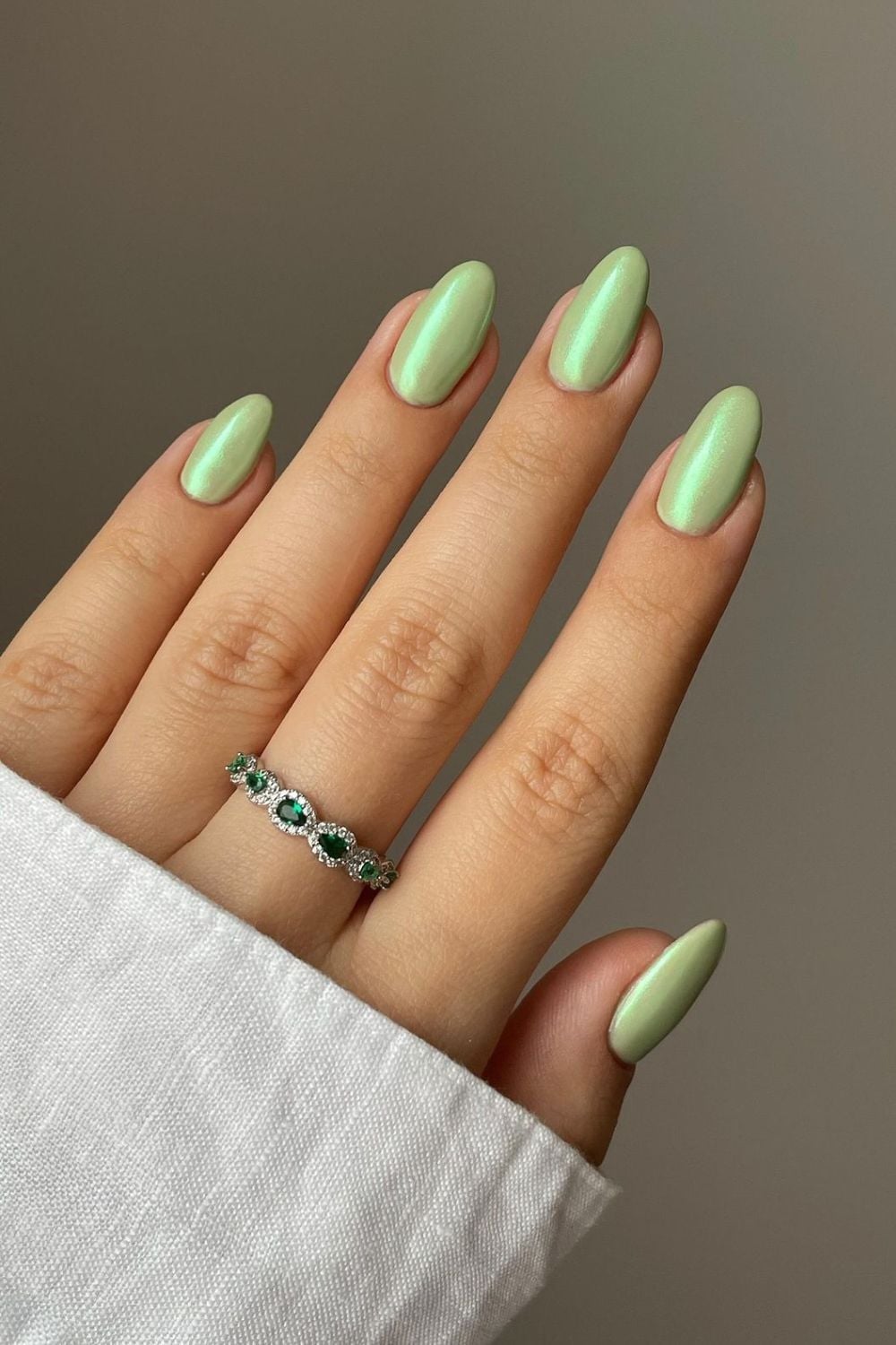 Light Green Chrome Shimmer Medium Almond Nails — Green Chrome Nails