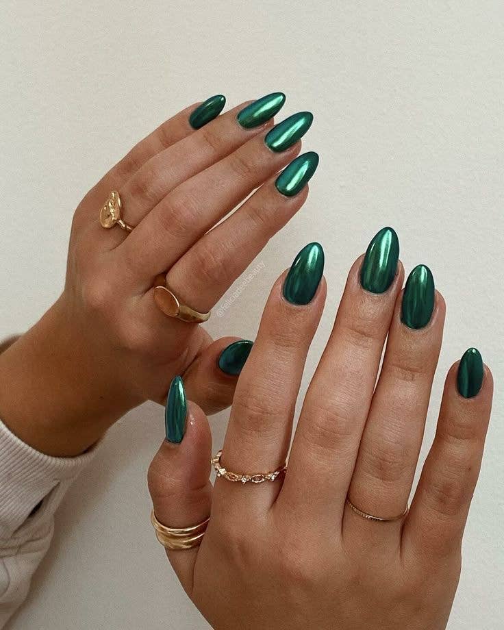 Deep Green Chrome Medium Almond Nails — Green Chrome Nails