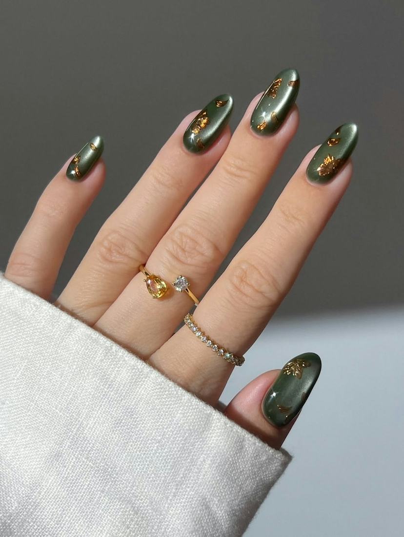 Deep Olive Green Chrome Gold Foil Medium Almond Nails — Green Chrome Nails