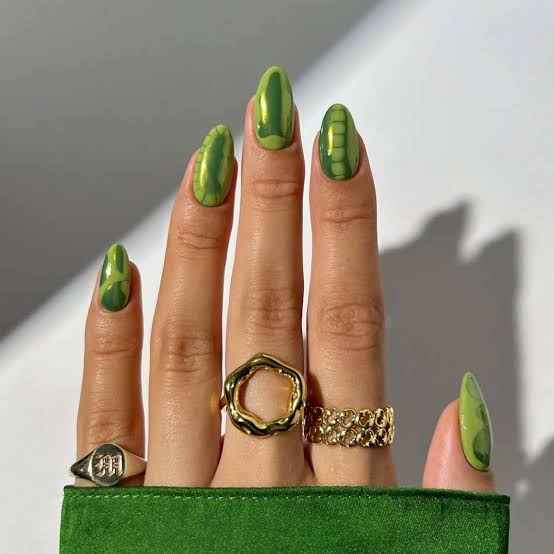 Lime Green Chrome Abstract Swirls Medium Almond Nails — Green Chrome Nails