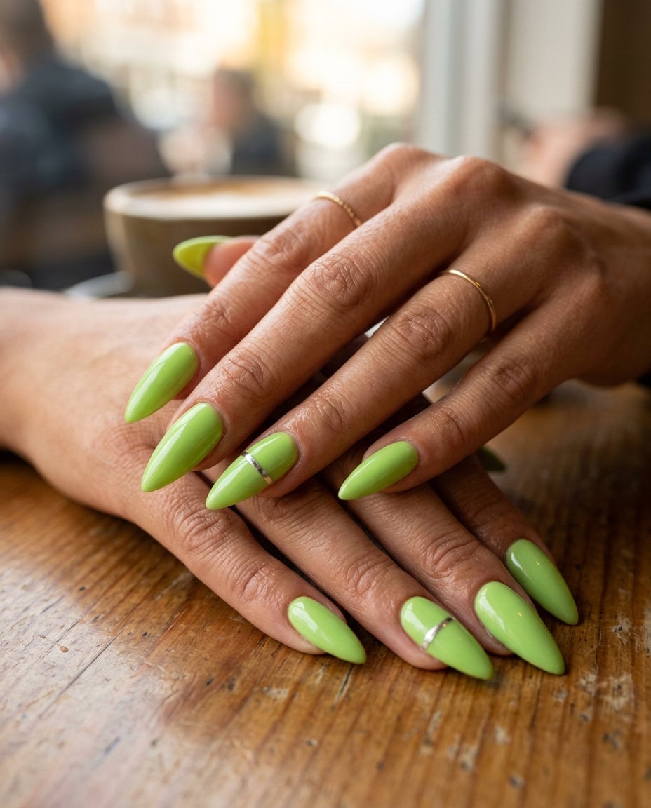 Yellowish Green Glossy Long Almond Nails with Silver Stripe — Green Chrome Nails