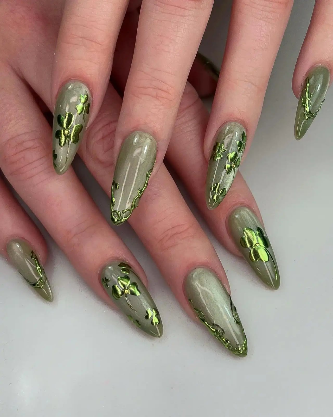 Sage Green Chrome Clover Leaf Foil Medium Coffin Nails — Green Chrome Nails