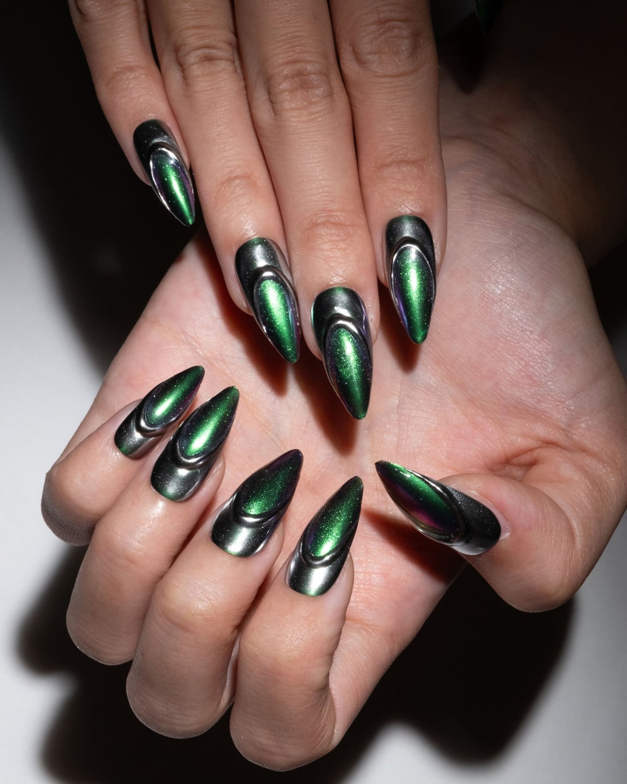 Deep Green Silver Chrome Stiletto Nails — Green Chrome Nails