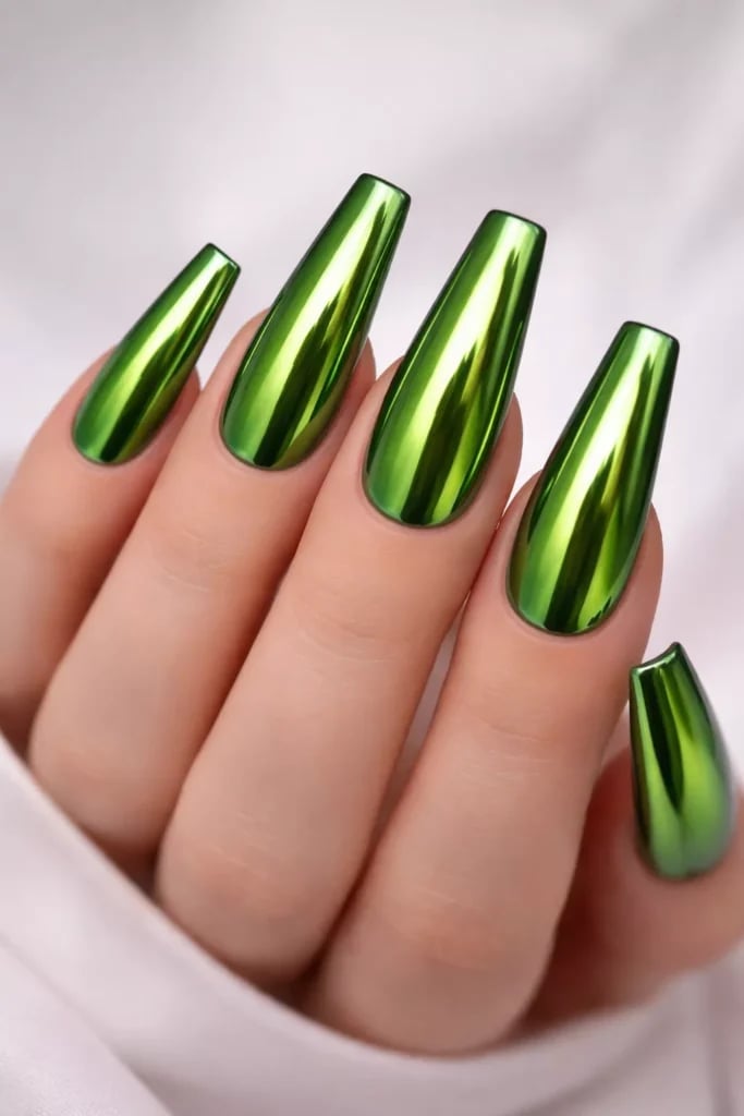 Vibrant Metallic Green Chrome Long Coffin Nails — Green Chrome Nails