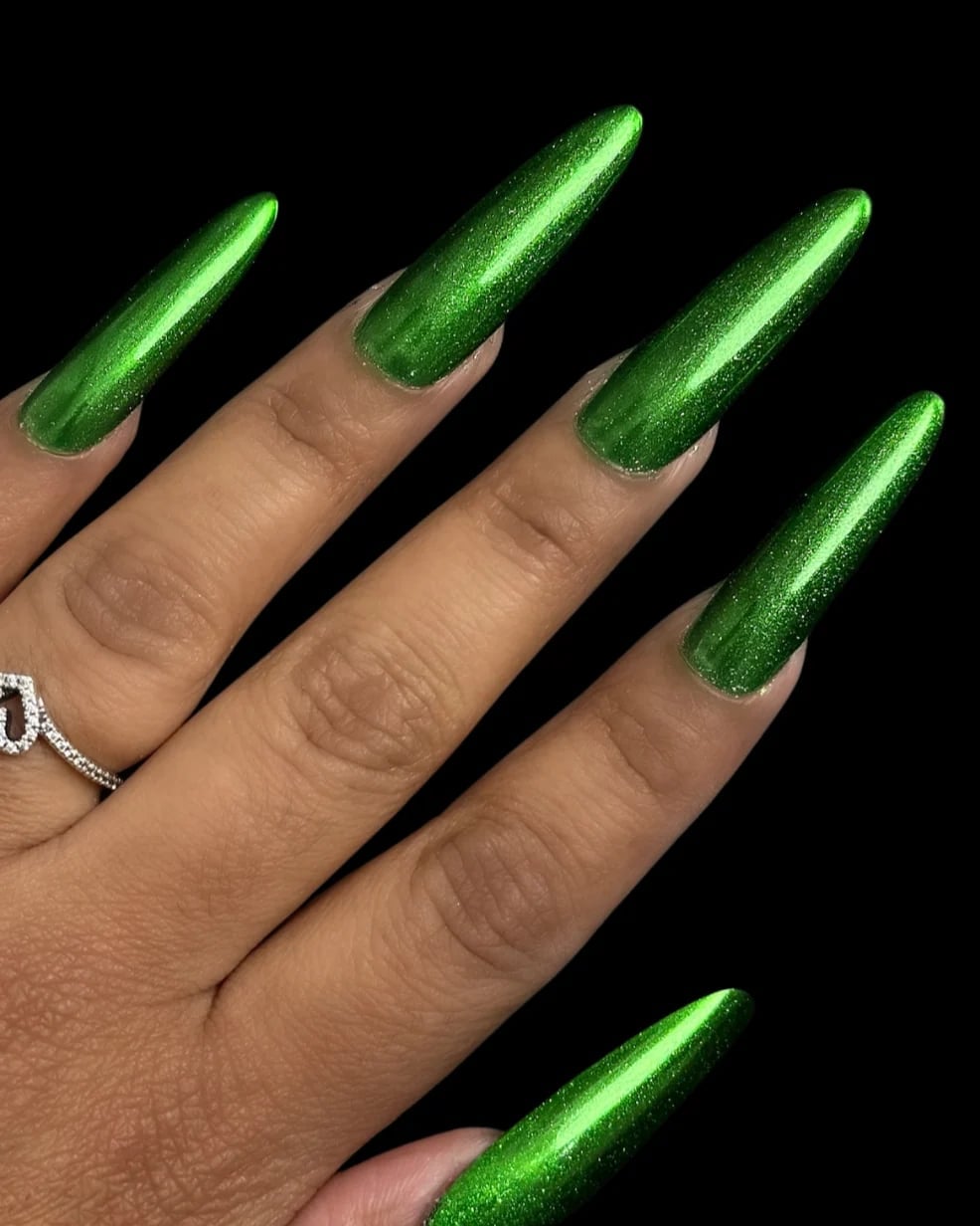 Metallic Green Chrome Long Stiletto Nails — Green Chrome Nails