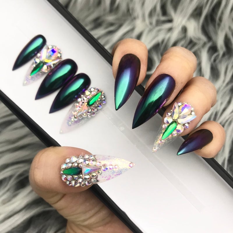 Deep Teal Green Chrome Rhinestone Long Stiletto Nails — Green Chrome Nails