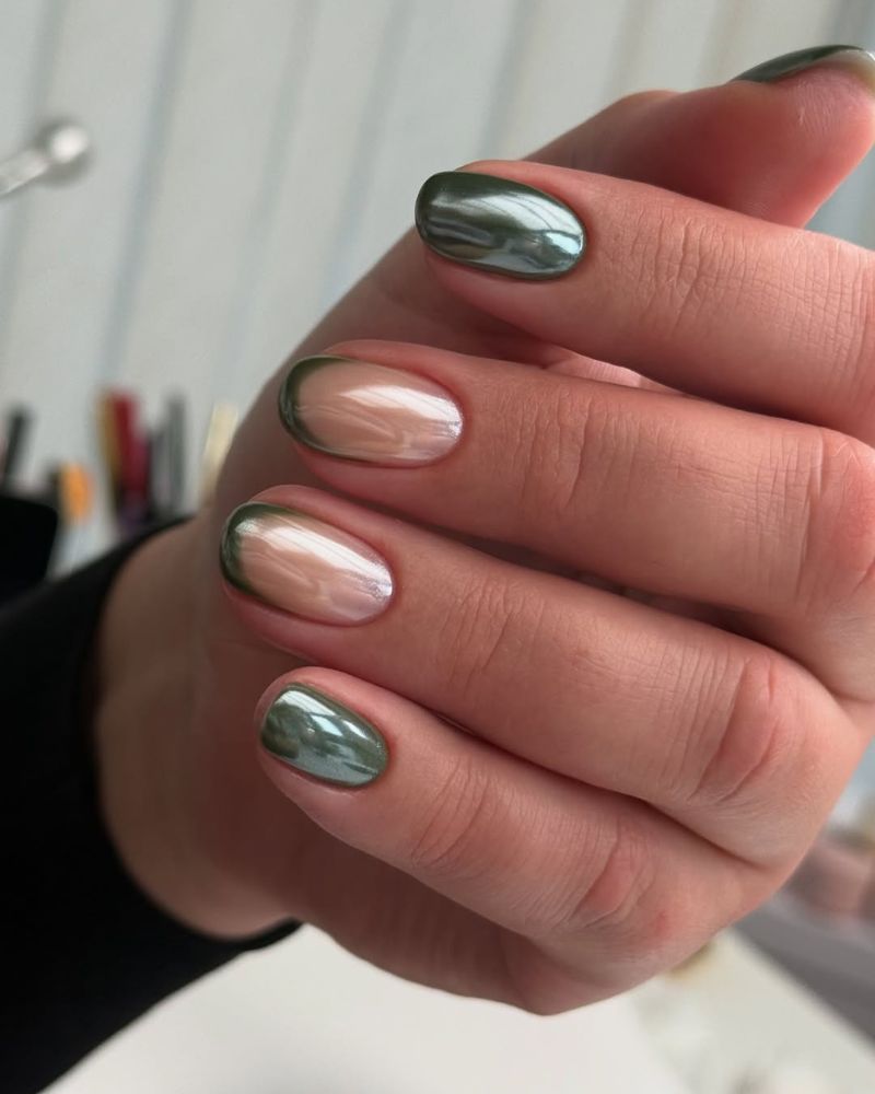 Nude Glossy Nails with Green Chrome French Tip — Green Chrome Nails
