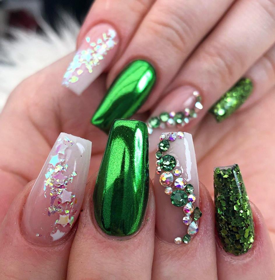Long Coffin Nails with Chrome Glitter and Rhinestones — Green Chrome Nails