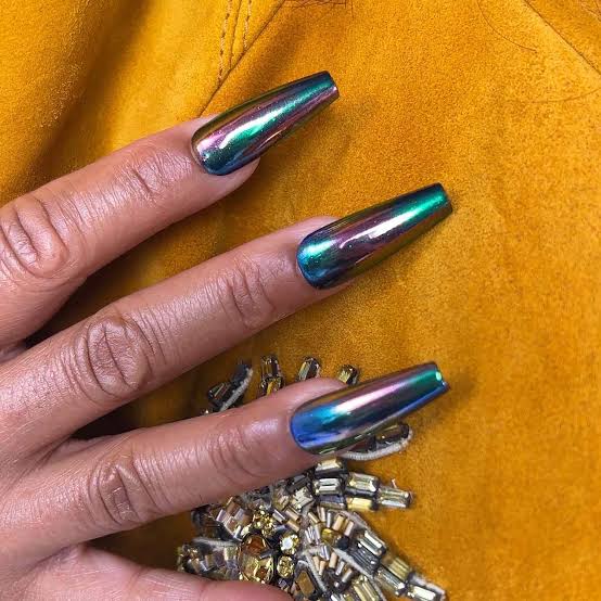Iridescent Multi-Chrome Long Coffin Nails — Green Chrome Nails