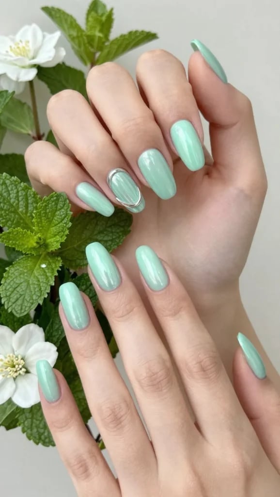 Mint Green Chrome Medium Oval Nails with Silver Accent — Green Chrome Nails