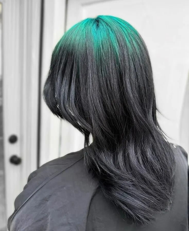 Mid-Back Black With Teal Roots — Green Hair