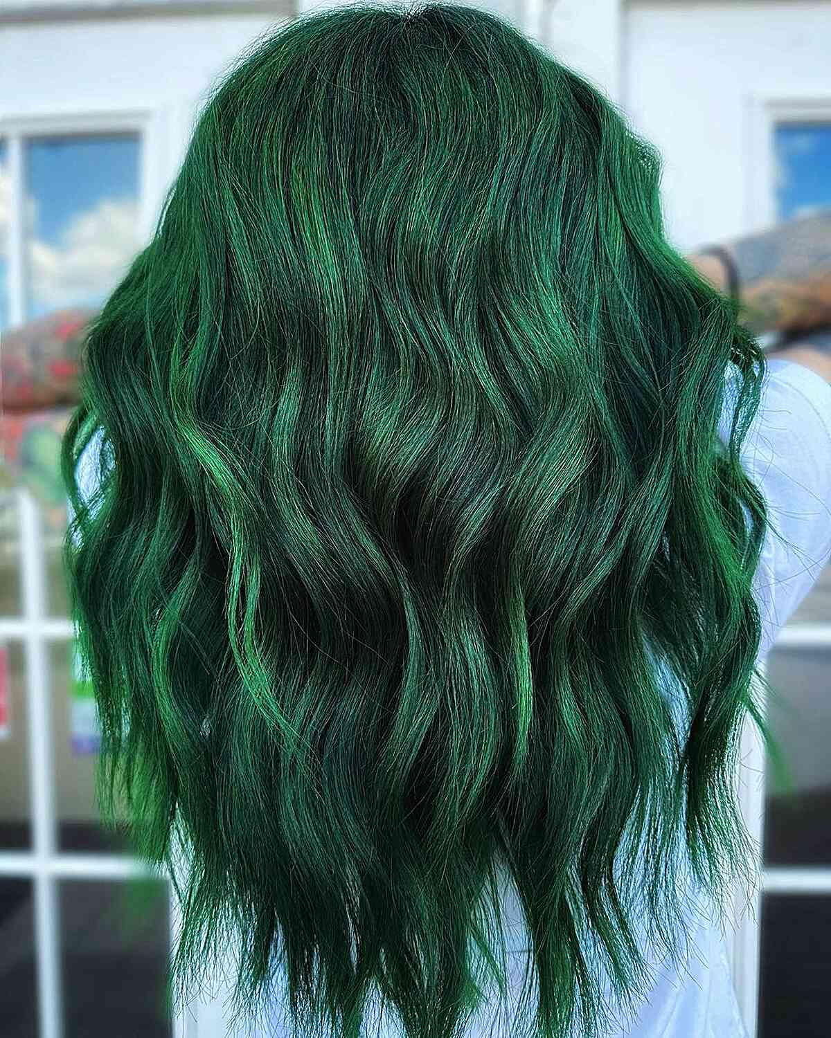 Mid-Back Deep Green Long Layers, Loose Waves — Green Hair