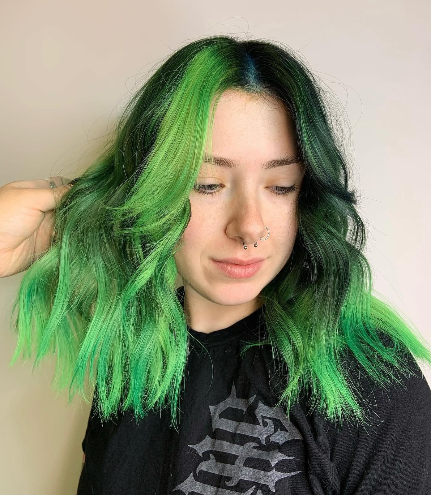Shoulder Bright Green With Darker Roots — Green Hair