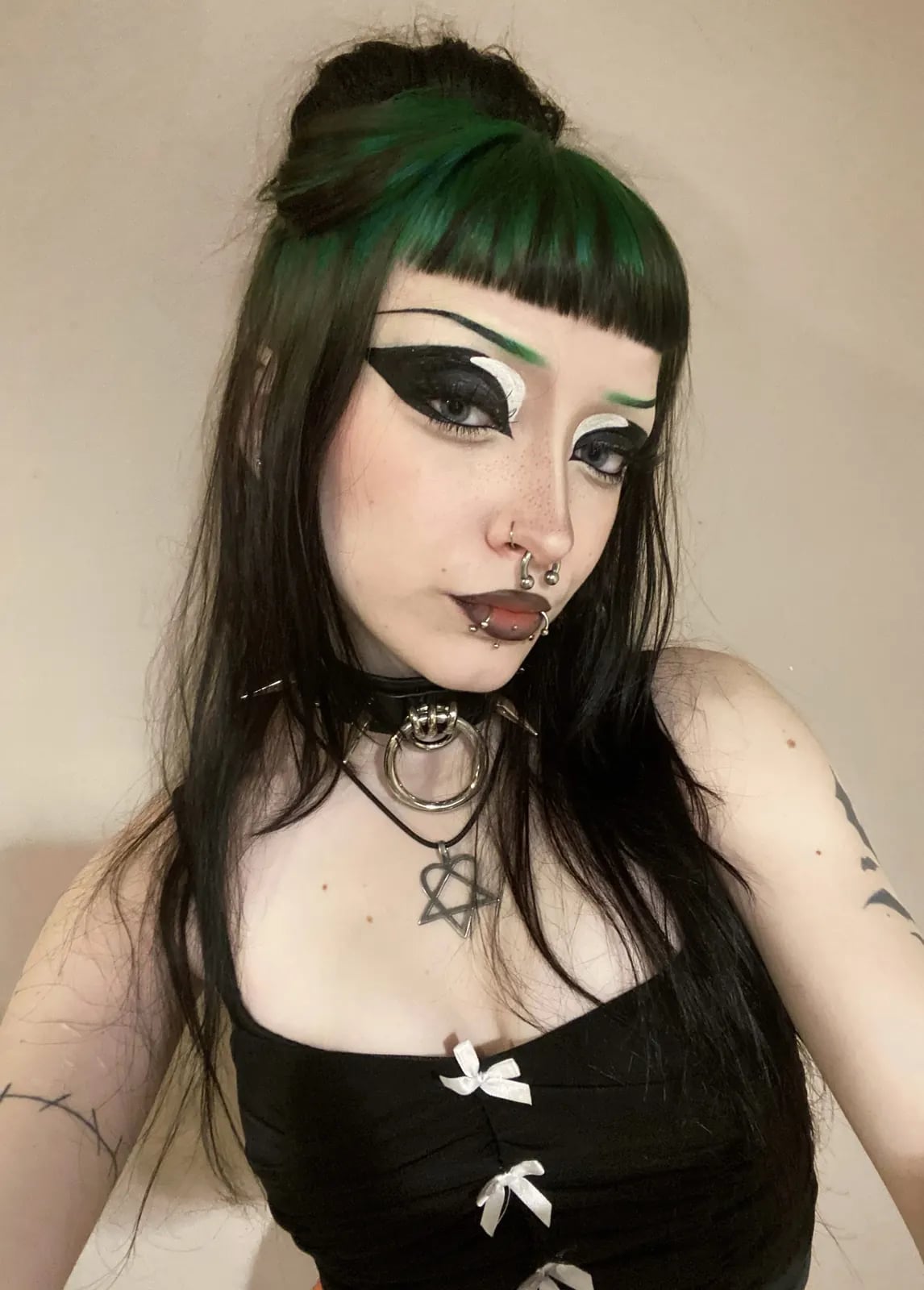 Mid-Back Black With Green Streaks Updo, Micro Bangs — Green Hair