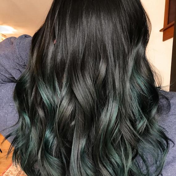 Mid-Back Dark With Green Balayage Ends — Green Hair