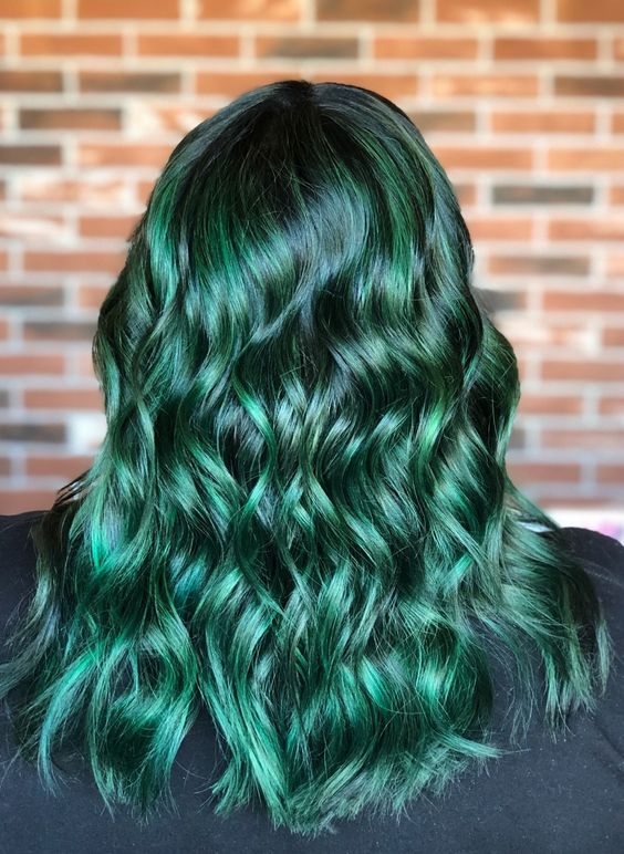 Mid-Back Emerald Green With Darker Roots — Green Hair
