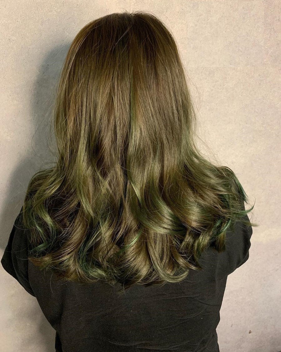 Mid-Back Ash Green With Darker Roots, Wavy — Green Hair