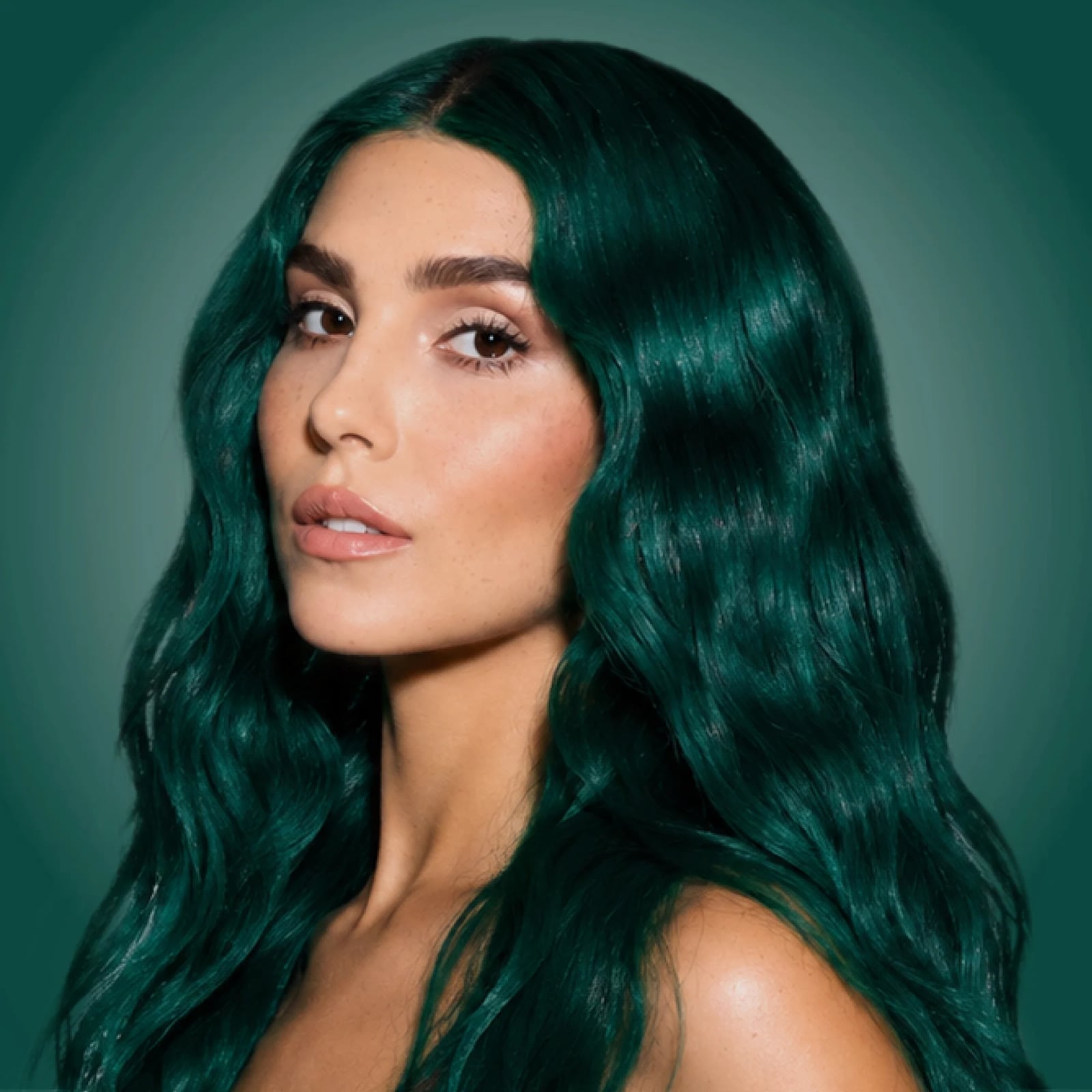 Glossy Deep Teal Green Mid-Back Waves — Green Hair