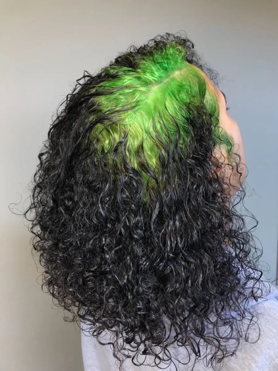 Shoulder Shag With Neon Green Roots, Curtain Bangs — Green Hair
