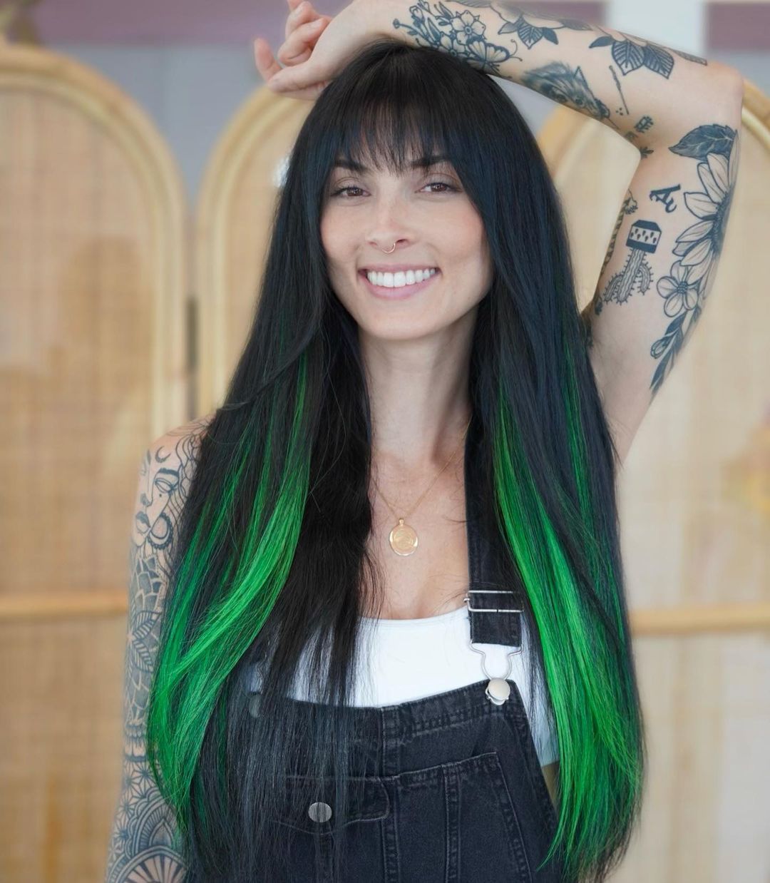Mid-Back Straight Black With Green Streaks — Green Hair