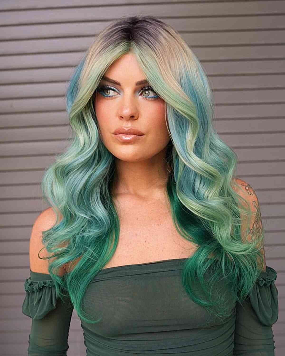 Collarbone Ombre With Loose Waves — Green Hair