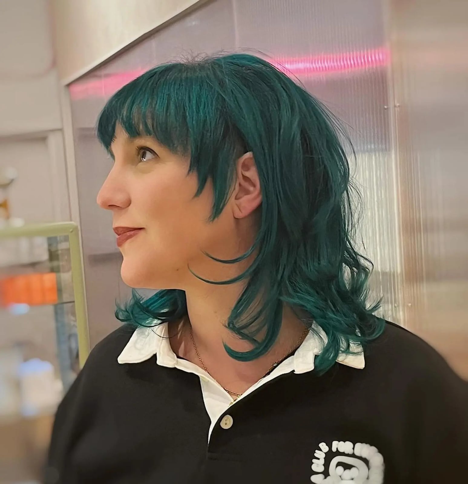 Shoulder Shag With Full Bangs — Green Hair