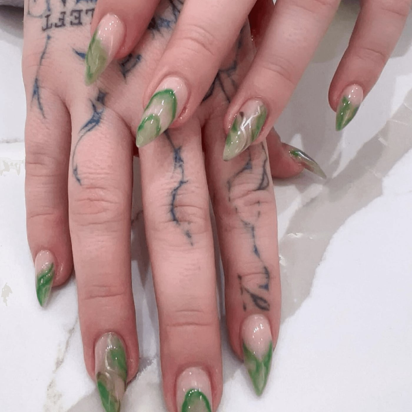 Long Stiletto Green Marble Tips Long Stiletto Green Marble Tips — Green Nails