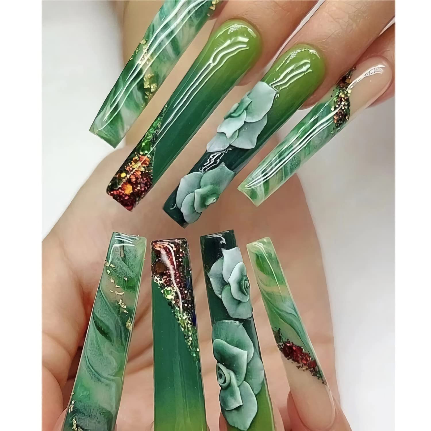 Very Long Square Green Marble 3D Flowers Very Long Square Green Marble 3D Flowers — Green Nails