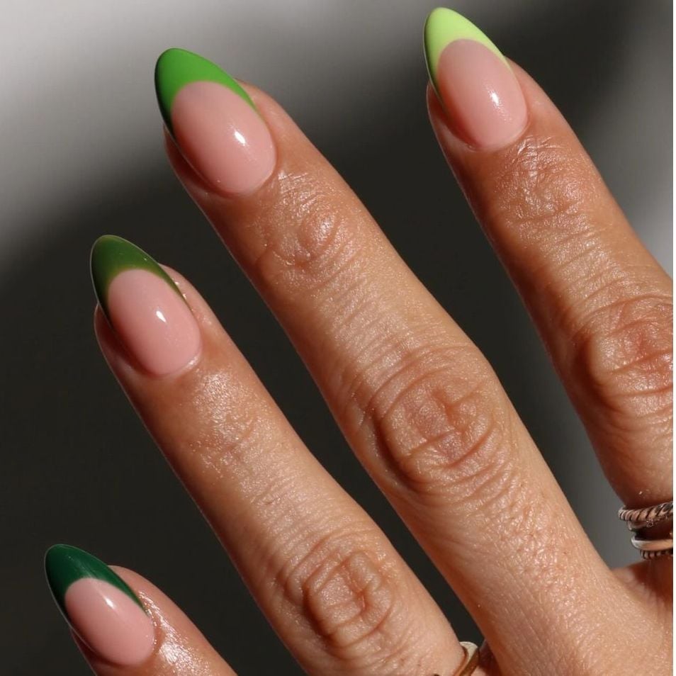 Medium Almond Dual Tone Green French Medium Almond Dual Tone Green French — Green Nails