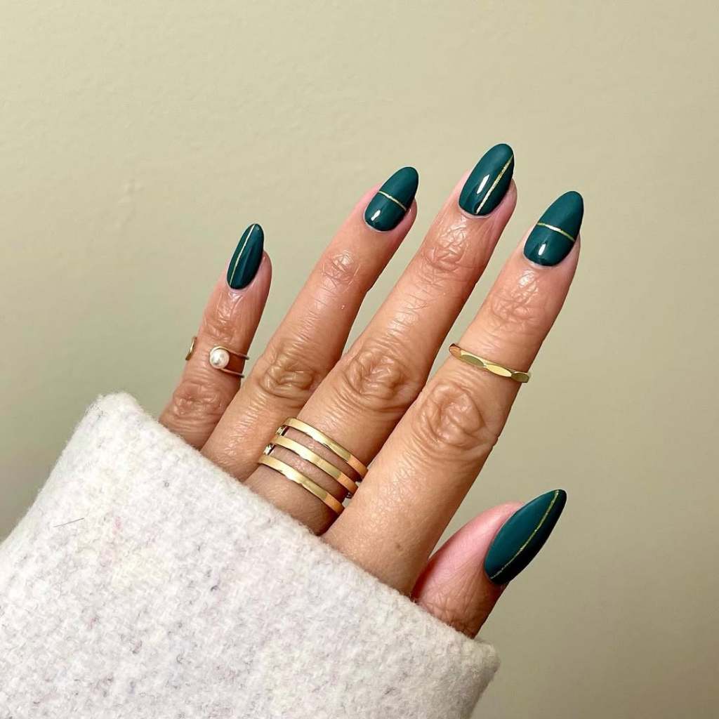 Medium Almond Dark Teal Green Gold Line Medium Almond Dark Teal Green Gold Line — Green Nails