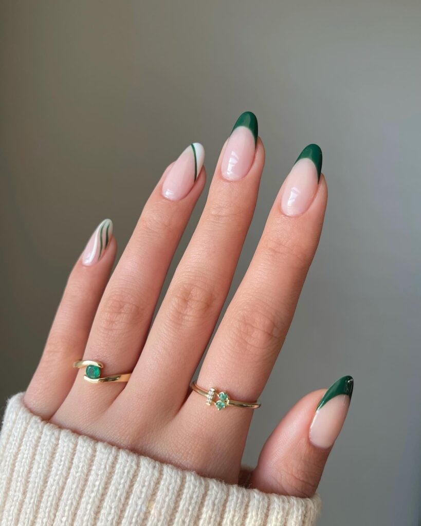 Medium Almond Deep Green French Abstract Lines Medium Almond Deep Green French Abstract Lines — Green Nails