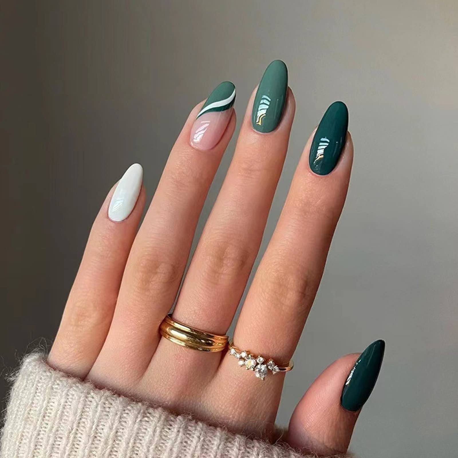 Medium Almond White Green Abstract Lines Medium Almond White Green Abstract Lines — Green Nails